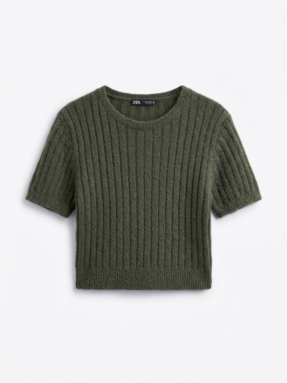 ZARA - Olive Green Ribbed Short Sleeve Fuzzy Knit Sweater Top - LARGE